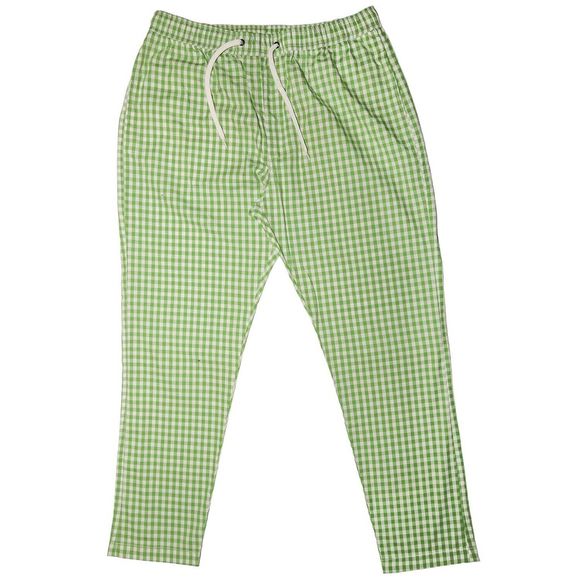Mens Pants Joggers Green White Check Plaid Drawstring Loose Casual Beach Large - Picture 1 of 6